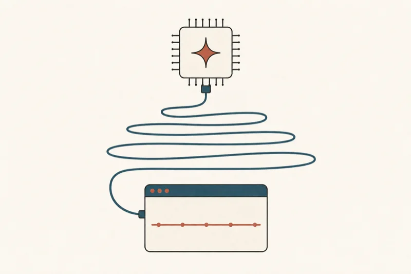 An AI chip connected by a long coiling cable to a dashboard with a flat trend line