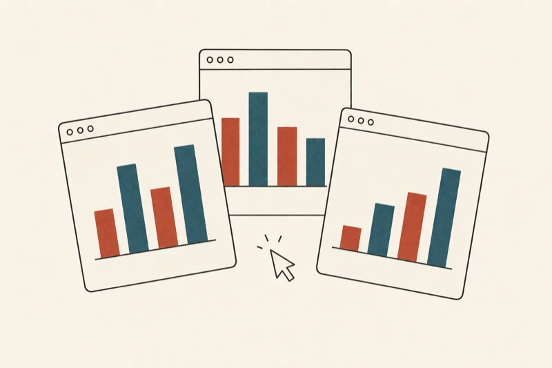 Three app windows showing three different versions of the same bar chart, a cursor hovering between them
